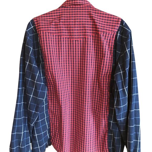 Upcycled Plaid Western Shirt, M to L: Oversized Mixed Print Top, Snaps Fringe - Picture 3 of 10